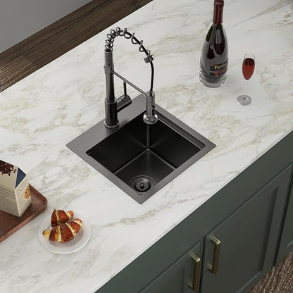 Logmey 15" Square Drop in Bar Sink,PVD Nano Gun Black 16 Gauge Stainless Steel,15x15x9 Workstation Sink for Kitchen Prep,RV,Wet Bar & Outdoor