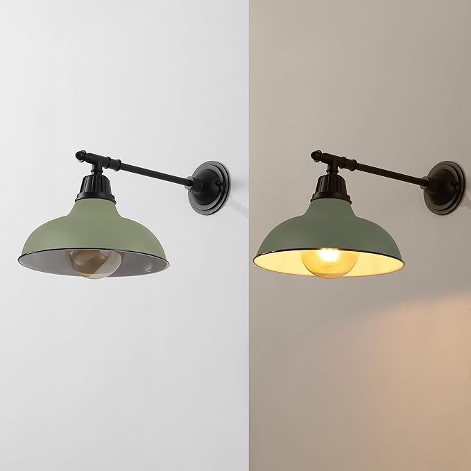 JONATHAN Y 12.25" Matte Olive Green/Black 1-Light Industrial Farmhouse Outdoor Sconce, Iron Wall Light with LED Bulb, Metal Bowl Shade, Vintage Porch Lamp for Entryway Patio Kitchen (JYL7615I)