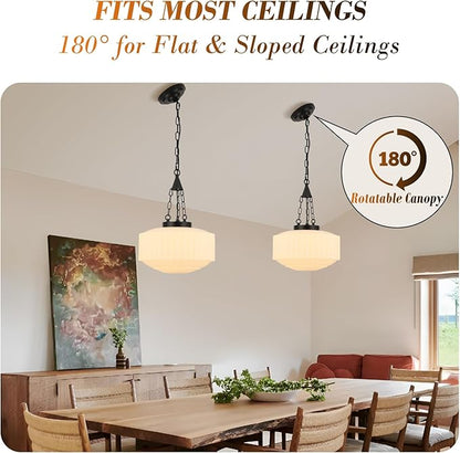 Schoolhouse Pendant Light, 14inch Milk Glass Pendant Light Vintage Black Chandelier Adjustable Height Mid Century Modern Pendant Lighting for Kitchen Island Dining Room Foyer Hallway