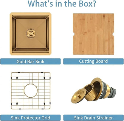 Gold Bar Sink Undermount,Small Bar & Prep Sinks,16 gauge Stainless Steel Bar Sink with Workstation for Wet Bar Area (18" X 18")