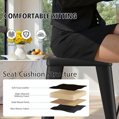 Backless Bar Stools Set of 2, Upholstered Faux Leather Counter Height Stools with Sturdy Metal Legs, 30 Inch Barstools for Kitchen Island (Black)