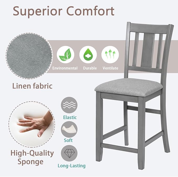 Set of 4 Dining Chairs, Wooden Kitchen Chairs with Padded Cushion, Upholstered Stools for Kitchen Island, Dining Room, Living Room, Easy Assembly (Gray - Slatted backrest)