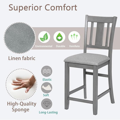 Set of 4 Dining Chairs, Wooden Kitchen Chairs with Padded Cushion, Upholstered Stools for Kitchen Island, Dining Room, Living Room, Easy Assembly (Gray - Slatted backrest)