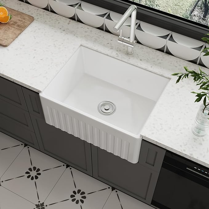 Farmhouse Sink, 24 Inch Large Undermount Kitchen Sink, 10" Deep Apron Front Farm Sinks, Ceramics White Single Bowl, Heavy Duty, Easy to Clean 24" x 18" x10"