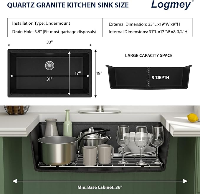 Logmey 33 Inch Granite Composite Kitchen Sink 33x19 Black Undermount Sink Ledge Single Bowl Under Counter Deep Workstation Kitchen Sinks,33x19x9 Inch