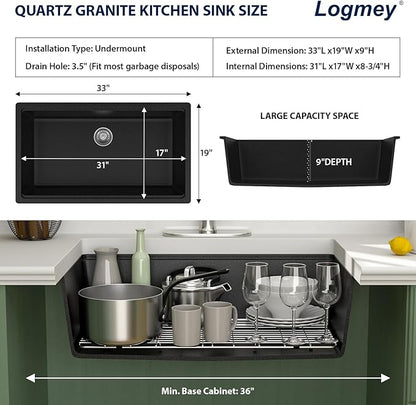 Logmey 33 Inch Granite Composite Kitchen Sink 33x19 Black Undermount Sink Ledge Single Bowl Under Counter Deep Workstation Kitchen Sinks,33x19x9 Inch