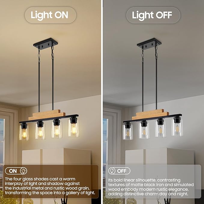 4-Light Linear Chandeliers for Dining Room Hanging, Farmhouse Dining Room Light Fixture Over Table, Black Pendant Kitchen Island Lighting, Wood Ceiling Light Fixture with Clear Glass Shade