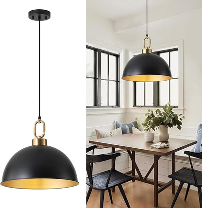 16.1" Large Farmhouse Pendant Lights Kitchen Island, Industrial Dome Pendant Light Fixture, Matte Black with Gold Handle Adjustable Height Hanging Island Light for Dining Room,Kitchen,Cafe
