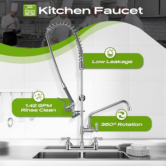 42" Height Commercial Sink Faucet with Sprayer, 8 Inch Center Wall Mount Kitchen Sink Faucet with Down Pre-Rinse Sprayer, Compartment Sink Faucet with 12" Swivel Spout for Restaurant