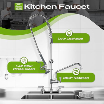 42" Height Commercial Sink Faucet with Sprayer, 8 Inch Center Wall Mount Kitchen Sink Faucet with Down Pre-Rinse Sprayer, Compartment Sink Faucet with 12" Swivel Spout for Restaurant