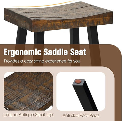 ERGOMASTER Wooden Backless Saddle Barstools Set of 2, 24-inch Counter Height Rustic Bar Stools with Rubber Wood Frame & Footrest for Kitchen Island, Dining Room, Pub