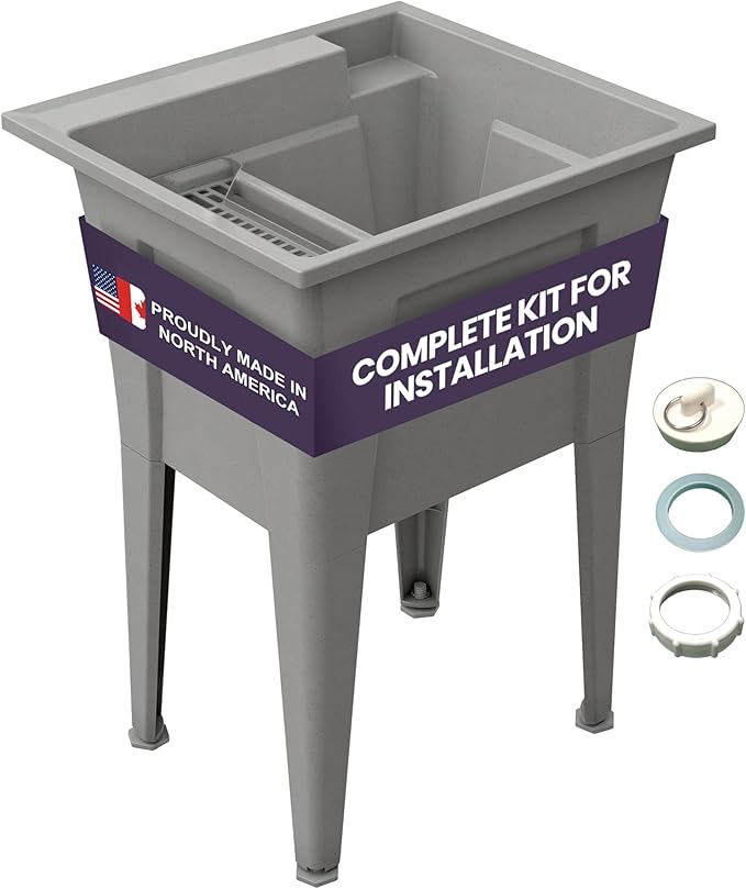 24” Utility Sinks for Laundry Room, Garage, Garden, Basement – Noah William Home Indoor and Outdoor Polypropylene Basement Wash Tub - No Faucet Included (Grey)