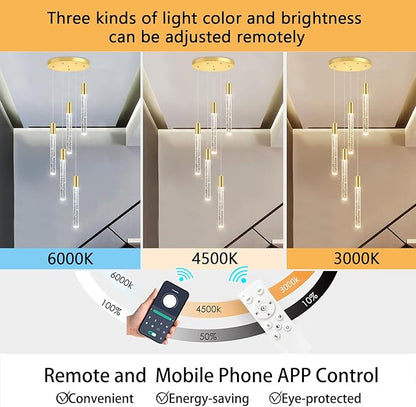 HAIXIANG 5-Lights Chandelier Modern Crystal Glam Light Remote Dimmable Pendant Lighting for Kitchen Island Dining Room Shiny Gold Light
