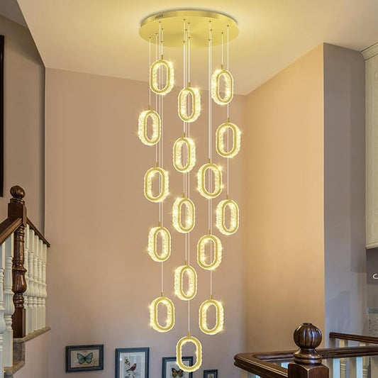 Modern Gold Ring Chandelier for High Ceiling Long Stair Chandeliers for Foyer LED Crystal Ring Drop Chandelier Dimmable 2700K-6000K 16-Light