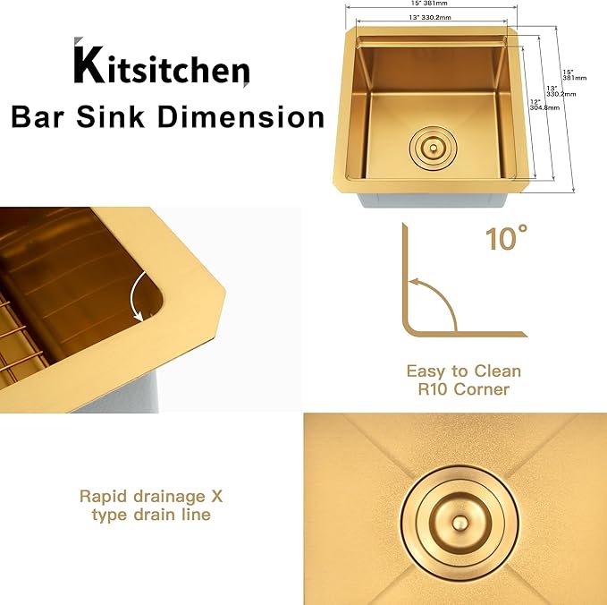 Kitsitchen Gold Bar Sink Undermount, 16 Guage Stainless Steel Workstation Sinks with Accessories, 15" x 17" Small Kitchen Sink for RV,Outdoor, Wetbar,Pre-Bar