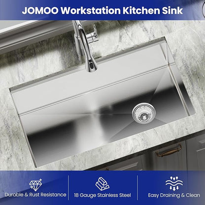 JOMOO 32‑Inch Brushed Stainless Steel Workstation Sink, 10″ Deep Single Bowl Undermount Kitchen Sink Set with Accessories
