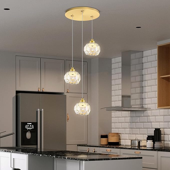3-Light Dimmable LED Gold Pendant Light,Crystal Ball Chandelier for Dining Room Bedroom Pendant Light Kitchen Island 15W