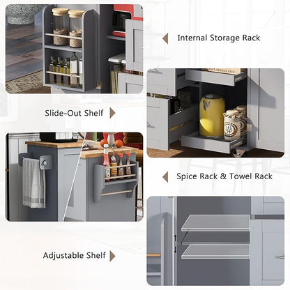 Rolling Kitchen Island with Storage, Kitchen Cart with Rubber Wood Top,3 Drawer,2 Slide-Out Shelf and Internal Storage Rack, Kitchen Island on Wheels with Spice Rack & Tower Rack (Grey-Blue~09)