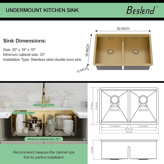 30 Gold Undermount Kitchen Sink - Beslend 30x19 Gold Double Bowl Kitchen Sinks Workstation 16 Gauge Stainless Steel Golden Sink Low Divide Double Basin 50/50