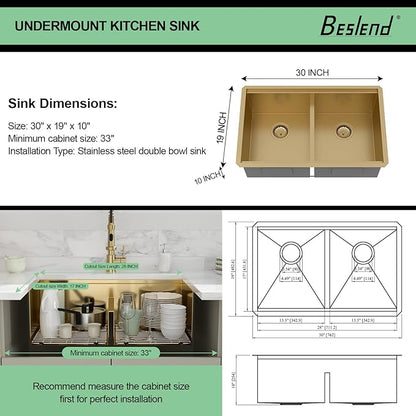 30 Gold Undermount Kitchen Sink - Beslend 30x19 Gold Double Bowl Kitchen Sinks Workstation 16 Gauge Stainless Steel Golden Sink Low Divide Double Basin 50/50