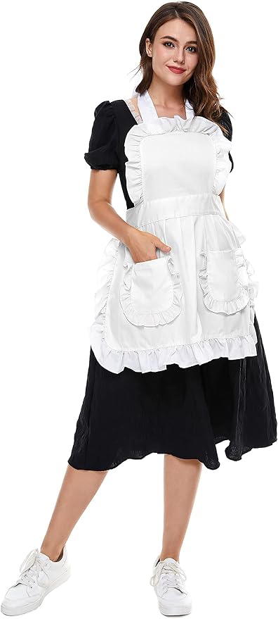 Women's Ruffles Outline Retro Pockets Apron Kitchen Cooking Cleaning Maid Costume (White)