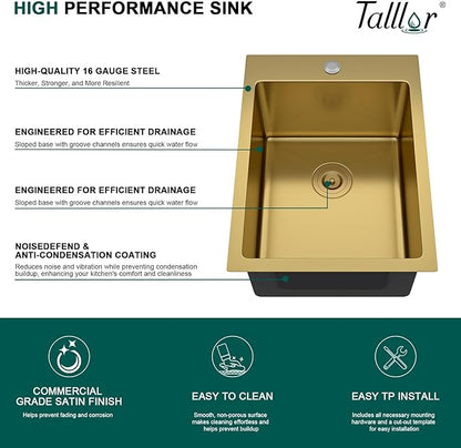 15 x 20 Inch Gold Drop In Bar Sink with Faucet, 16 Gauge 304 Stainless Steel Single Bowl Sink with Gold Finish for Kitchen Bars, RV, and Boat #TLT-0031