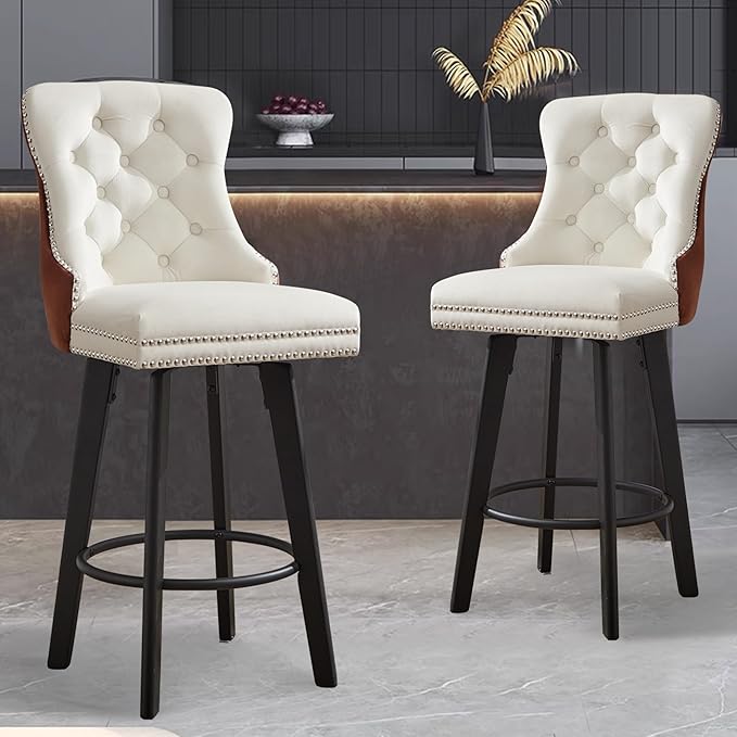 Modern Swivel Bar Stools Velvet Button Tufted Bar Stools Rivet Trim Bar Stools for Kitchen Island,Bistro, with Metal Pull Ring Sturdy Footrest Large Backrest for Home Bar