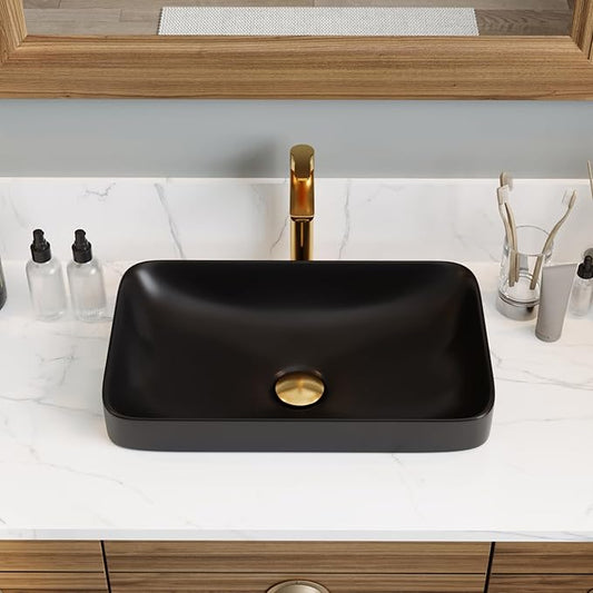 DeerValley Matte Black Semi-Recessed Rectangle Vessel Sink 18.9x11.61 Inch, Above Counter Ceramic Vanity Basin for Modern Bathroom Decor