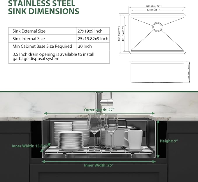 27 Inch Black Undermount Kitchen Sinks Workstation - Couoko Gunmetal Black 16 Gauge Stainless Steel Single Bowl Undermount Sink with Accessories, 27"x19"x9"