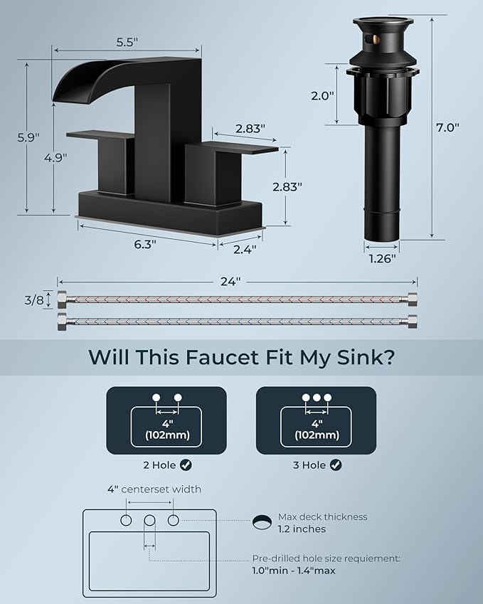 FORIOUS Square Black Bathroom Faucets for 2 Hole or 3 Hole, Waterfall 4 Inch Centerset Bathroom Sink Faucet with Metal Pop-up Drain and Supply Lines, Two Handles for Vanity, Laundry Room, 2 Pack
