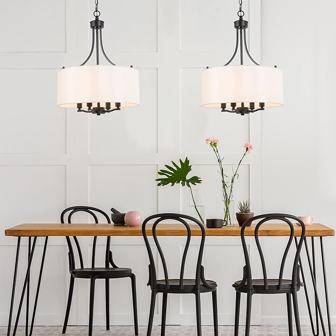 LALUZ Drum Lighting Chandelier, Farmhouse Chandeliers for Dining Room, Kitchen Island, Linen Fabric Shade, 16'' Dia