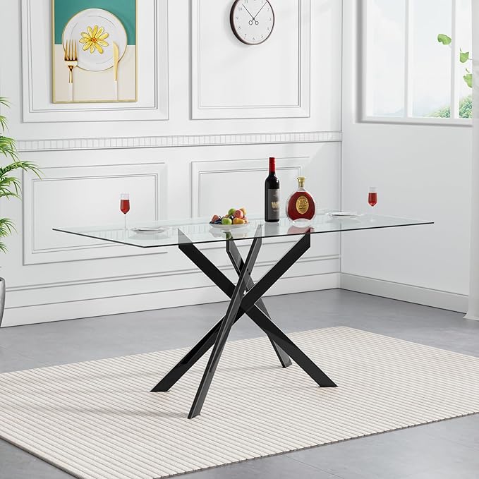 51.2-Inch Glass Dining Table for 4, Rectangular Dining Room Table for 4, X-Shape Black Metal Legs, Kitchen Dining Room Living Room Glass Kitchen Table for 2
