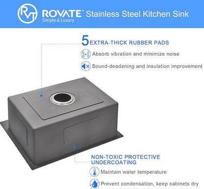 ROVATE 22 x 18 inch Drop-in Kitchen Sink Single Bowl, Small Topmount Kitchen Sink, Handmade 304 Stainless Steel Overmount Sinks with Strainer