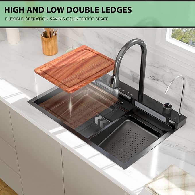 30 Inch Waterfall Kitchen Sink - Beslend 30x19 Drop In Waterfall Sink Nano Black Workstation Smart Sinks 16 Gauge Stainless Steel Single Bowl Black Basin with Faucet Combo