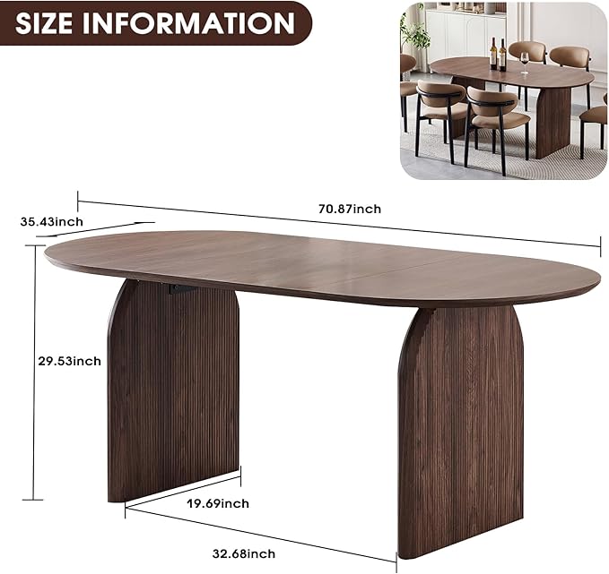 70.87 inch Oval Dining Table for 6 to 8 Person, Large Oval Wooden Kitchen Dinner Table with Dual Pillar Pedestal Base, Modern Farmhouse Oval Dining Room Table for Kitchen Living Room Apartment, Brown