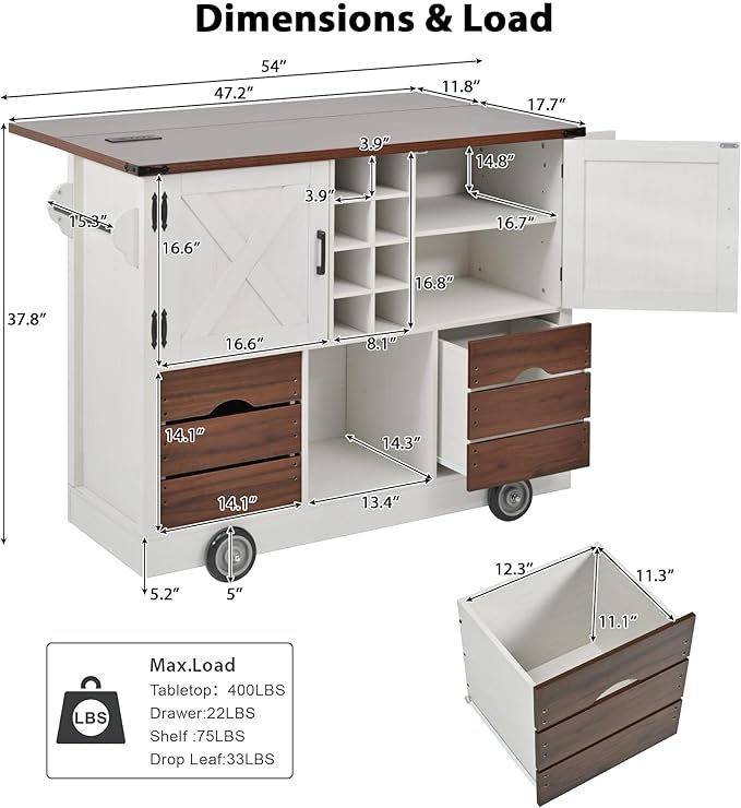 54" Farmhouse Kitchen Island Table with Drop Leaf, Power Outlet, Kitchen Storage Cart with 2 Doors, 2 Drawers, Rolling Kitchen Island on 4 Large Wheels with Spice Rack for Kitchen, Dining Room, White
