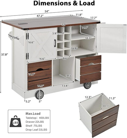 54" Farmhouse Kitchen Island Table with Drop Leaf, Power Outlet, Kitchen Storage Cart with 2 Doors, 2 Drawers, Rolling Kitchen Island on 4 Large Wheels with Spice Rack for Kitchen, Dining Room, White