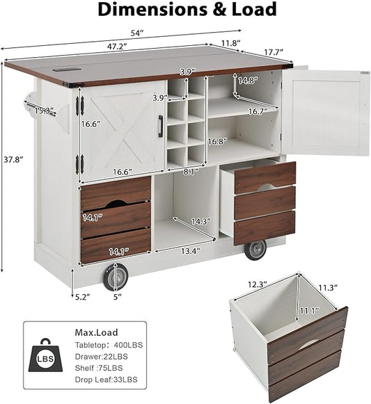 54" Farmhouse Kitchen Island Table with Drop Leaf, Power Outlet, Kitchen Storage Cart with 2 Doors, 2 Drawers, Rolling Kitchen Island on 4 Large Wheels with Spice Rack for Kitchen, Dining Room, White