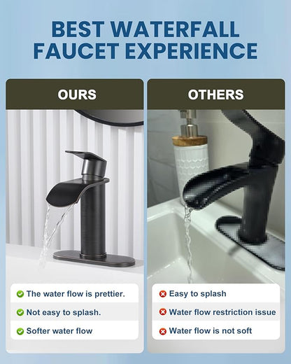 Waterfall Bathroom Faucet Single Handle – WOWOW Modern Oiled Rubbed Bronze Vanity Sink Faucet, Stainless Steel Basin Sink Tap for RV Lavatory 1 or 3 Hole, Hot & Cold Mixer Tap with Pop up Drain