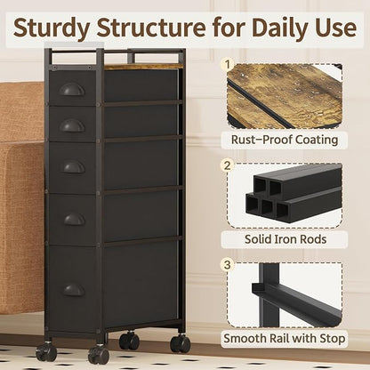 LASZOLA 5 Drawer Narrow Dresser Slim Cabinet Skinny Storage Tower Chest, Ideal for Small Spaces Bathroom, Between Washer and Dryer, Lightweight Mobile on Wheels, Sturdy Fabric Drawers, Black