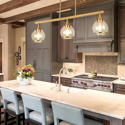 Island Light for Kitchen, 3-Light Gold Kitchen Island Linear Hanging Pendant Chandeliers, Brushed Gold Dining Room Light Fixture Over Table with Clear Round Glass Shades