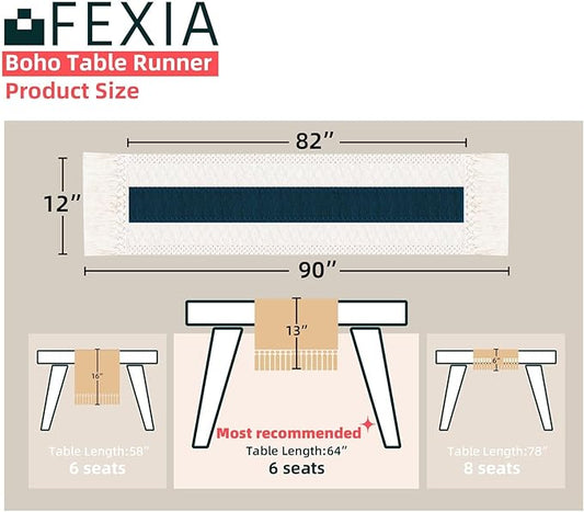 FEXIA Boho Table Runner 90 Inches Long with Tassels Farmhouse Rustic Cream & Blue Macrame for Dining Bedroom Baby Bridal Shower Decor(12x90 Inches)