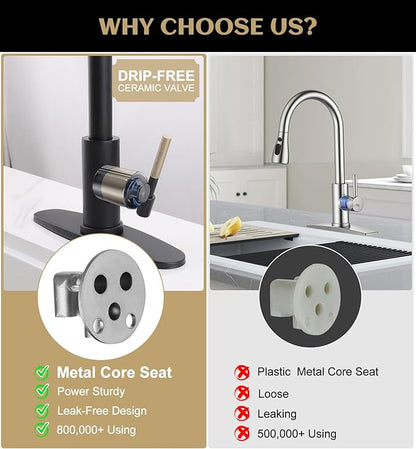 Kitchen Faucet with Pull Down Sprayer, 3 Spray Modes Metal Head, Stainless Steel Single Handle High Arc Kitchen Sink Faucet, for Farm,Bar, Fit for 1 or 3 Hole, Black and Gold