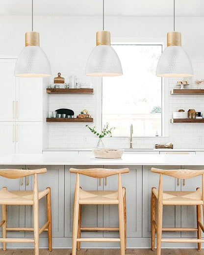 ELYONA 2 Pack Hammered Pendant Light Fixtures, 10.2” Metal & Rubber Wood Island Hanging Lamp, Adjustable Height, Modern Pendant Lighting for Kitchen,Farmhouse Bar,Dining Room,Bedroom, Nordic White