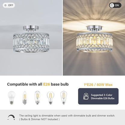 Pevfah Crystal Chrome Ceiling Light, Modern Semi Flush Mount Ceiling Lighting Fixture, Round Hallway Lighting Fixtures for Entryway Kitchen Bedroom Laundry Room, 1-Light, 11.4 Inch
