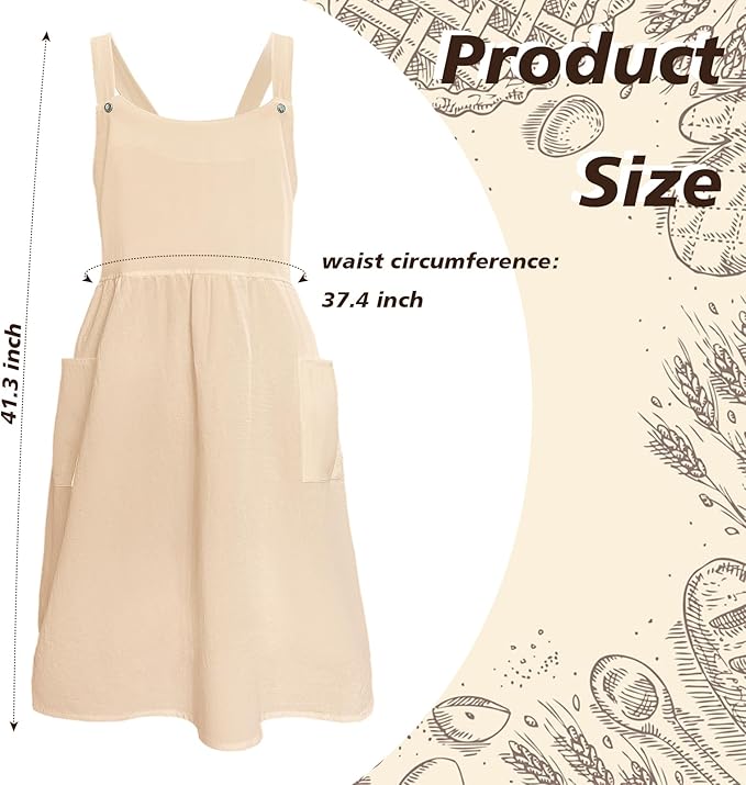 Cityelf Vintage Pinafore Apron Dress Snap Adjust Linen Cotton with Pockets Floral Aprons for Cooking Gardening