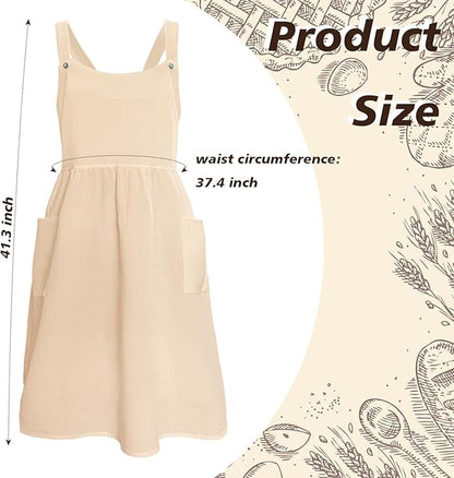 Cityelf Vintage Pinafore Apron Dress Snap Adjust Linen Cotton with Pockets Floral Aprons for Cooking Gardening