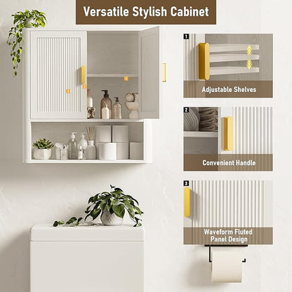 INNOD Bathroom Wall Cabinet, Wall-Mounted Medicine Cabinet with Adjustable Wood Shelf & Doors, Floating Bathroom Cabinet Over Toilet for Laundry Room & Kitchen & Living Room (White)