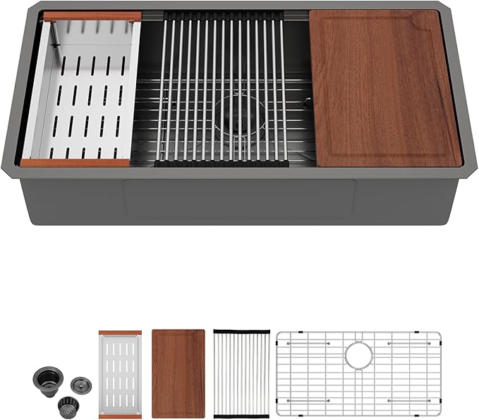 Lordear 36 Inch Kitchen Sink Black Undermount Kitchen Sink Workstation 16 Gauge Stainless Steel Single Bowl with Built-in Accessories, 36x19x9 Inch Gunmetal Black Nano-pvd
