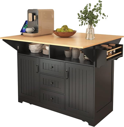 55.7'' Large kitchen Island with 2 Drop Leaf and Power Outlet, Rolling Kitchen Islands on Wheels with 3 Drawers and Storage Cabinet, Folding Dining Table with Spice & Towel Rack for Dining Room Black